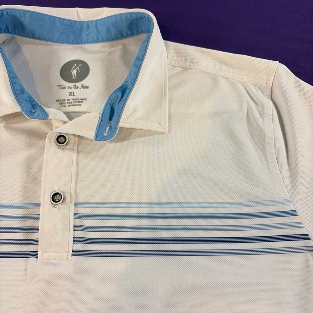 Toes on the Nose Men’s White Polo with Blue Stripe Detail - XL